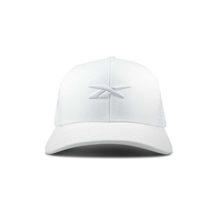 The Reebok Embroidered Vector Trucker Cap is a white baseball cap with a curved brim and a subtle embroidered logo on the front center, shown against a plain white background.