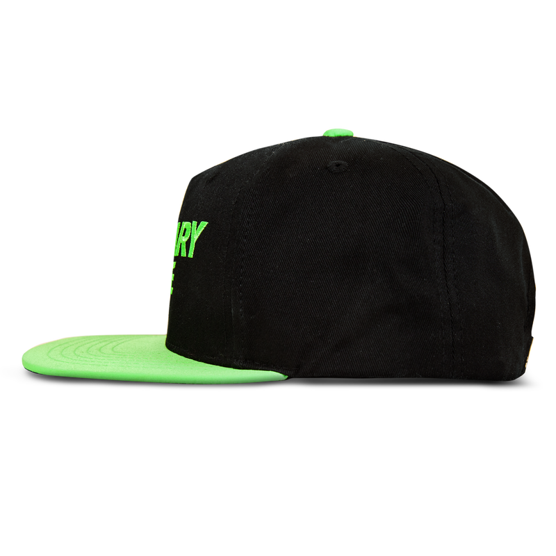 The Reebok Ordinary Elite Cap is a black snapback with a neon green flat brim and button, featuring a cotton crown. Shown in side profile against a white background.