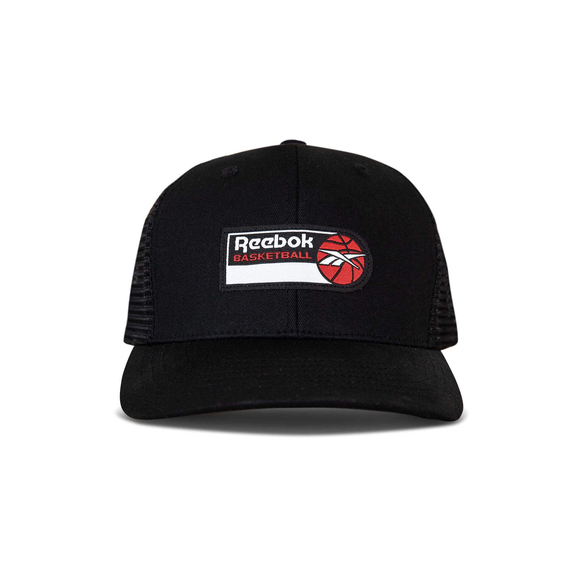 Front view of the Reebok Basketball Trucker Cap featuring a mesh back, snapback closure, and a front rectangular patch with the Reebok logo, "BASKETBALL," and a red basketball illustration.