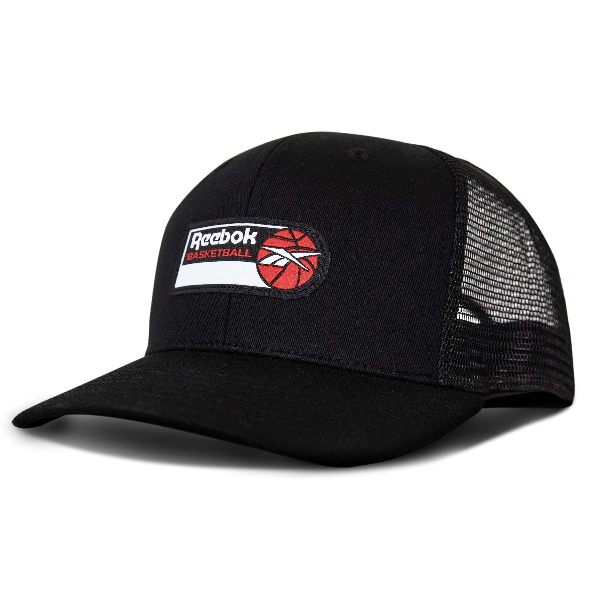 The Reebok Basketball Trucker Cap features a curved brim, black mesh back, and a front patch with the Reebok logo, "Basketball," and a red basketball graphic—ideal for any hoops fan.