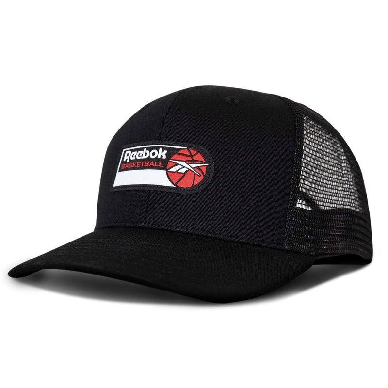 The Reebok Basketball Trucker Cap features a curved brim, black mesh back, and a front patch with the Reebok logo, "Basketball," and a red basketball graphic—ideal for any hoops fan.