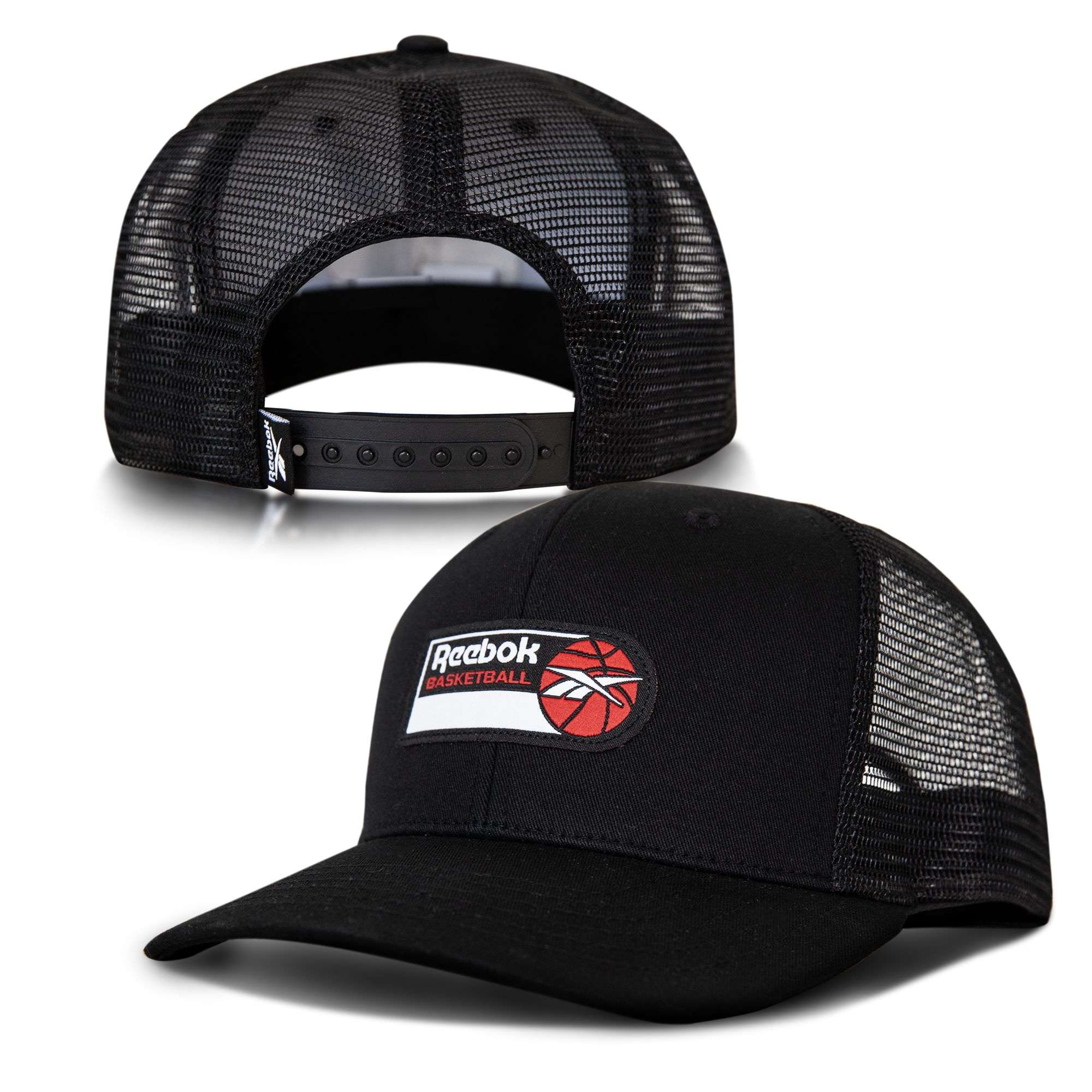 Two black Reebok Basketball Trucker Caps are shown—one displays a bold basketball patch on the front, while the other highlights the adjustable snapback closure at the back.
