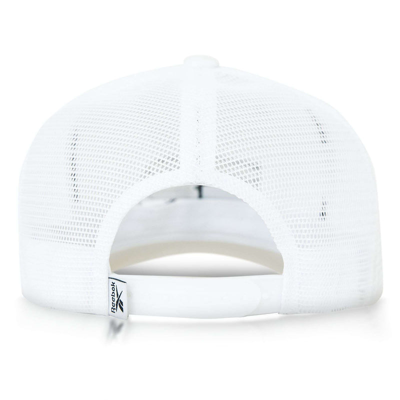 The image shows the back of a white Reebok Basketball Trucker Cap with mesh panels, an adjustable snapback closure, and a small Reebok tag near the opening.