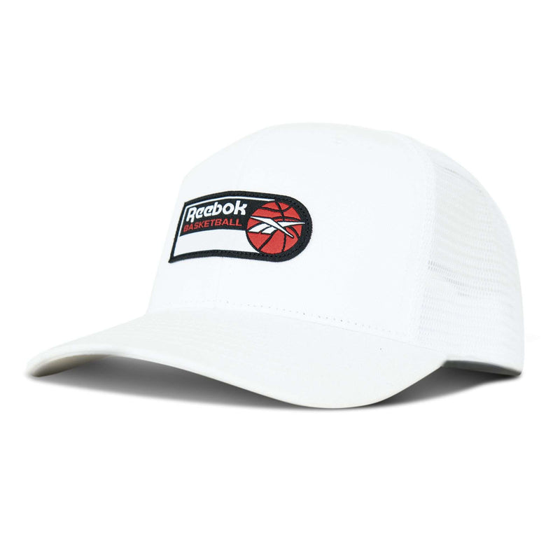 The Reebok Basketball Trucker Cap features white mesh, a curved brim, and a black-and-red basketball patch on the front. This snapback offers adjustable comfort and sporty style.