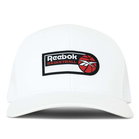 The Reebok Basketball Trucker Cap is a classic white snapback featuring a black, red, and white front patch with a stylized basketball and logo—ideal for any basketball fan.