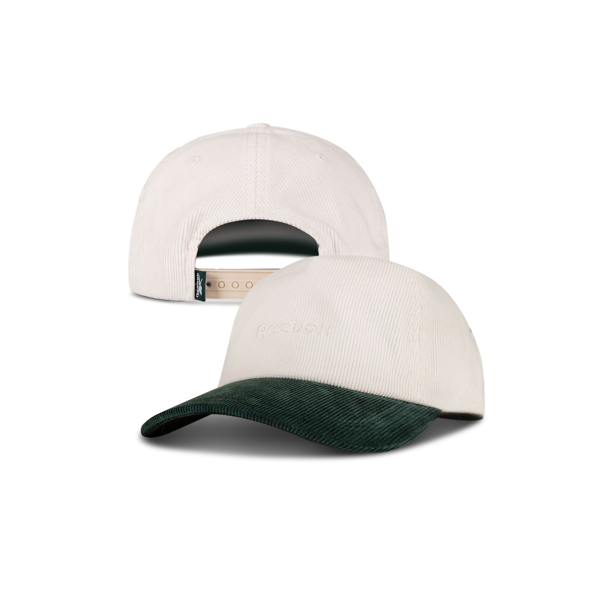 The Reebok Logo Corduroy Cap in beige features a dark green corduroy brim, subtle embroidered text on the front, and an adjustable snapback for comfort. Shown from both front and back views.