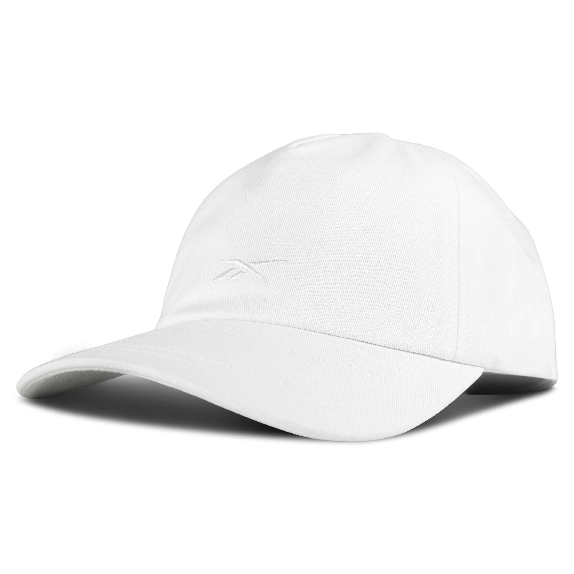 The Reebok Logo S-Vector Cap is a plain white cotton twill hat with a curved brim, subtle front embroidered logo, and adjustable snapback, shown on a white background.