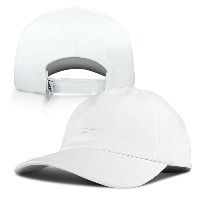 The Reebok Logo S-Vector Cap features soft white cotton twill with an embroidered logo on the front and an adjustable snapback closure at the back, offering comfort and style from every angle.