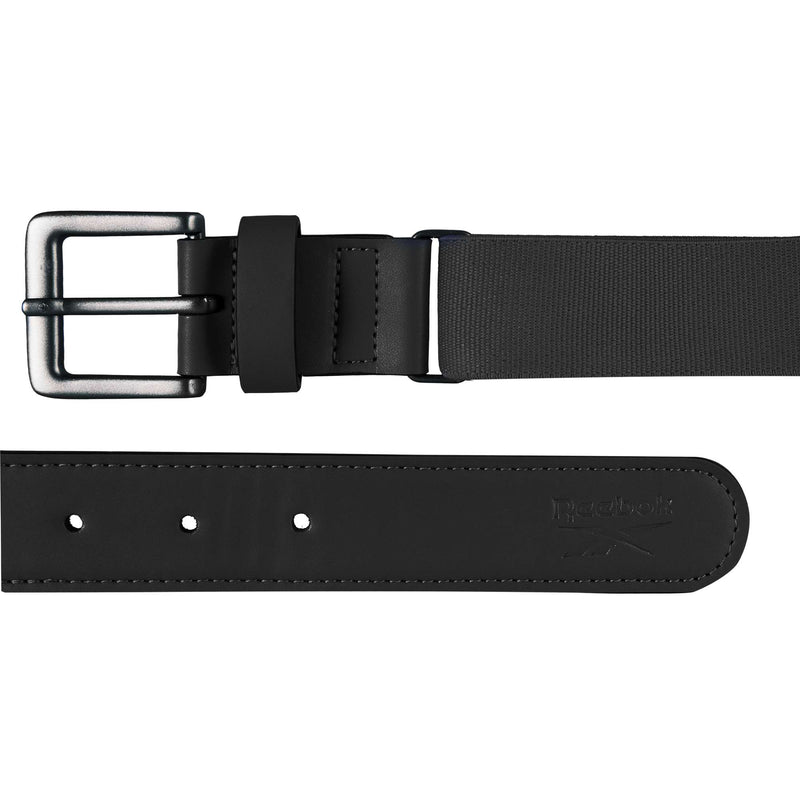 The Reebok Youth Baseball Belt features an adjustable nylon strap, matte black buckle, embossed leather end with logo, and is shown from both the buckle and tip for young players.