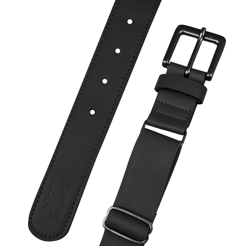 A close-up of the Reebok Youth Baseball Belt in black, featuring a metal buckle, adjustable strap with multiple holes for sizing, and a smooth matte finish.