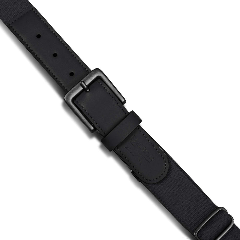 A close-up of the Reebok Youth Baseball Belt, featuring a matte black rectangular buckle, leather detailing with stitched edges, and a stretch elastic adjustable strap with multiple holes for comfort.