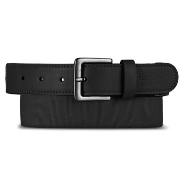 The Reebok Youth Baseball Belt is a black stretch elastic belt with a silver buckle, showcased on folded black fabric. It features neat stitching, adjustment holes, and provides a versatile fit for any uniform.