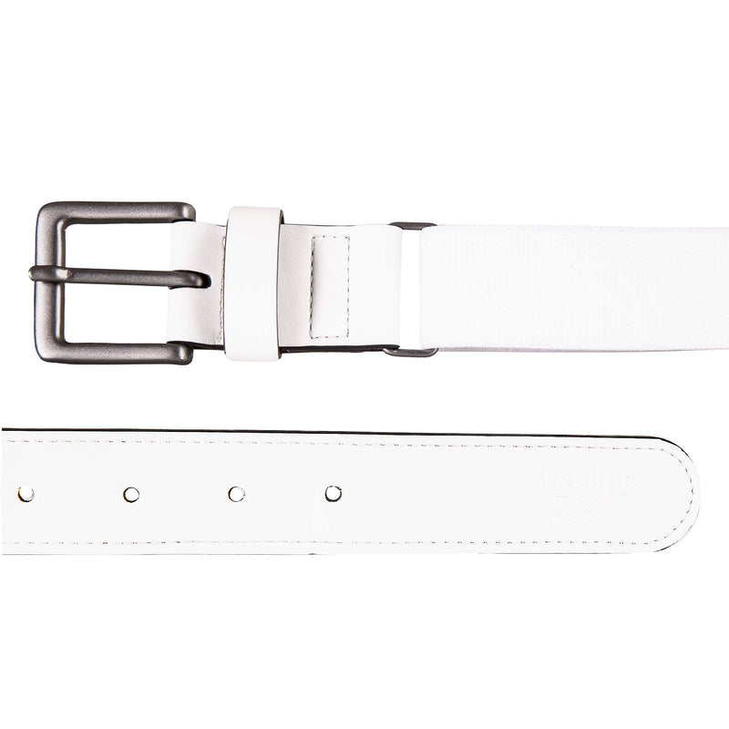 The Reebok Youth Baseball Belt in white features an adjustable fit with stitched edges, multiple adjustment holes, and a silver buckle. Shown both rolled and laid flat for detail.