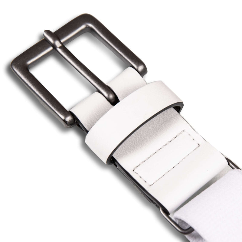 Close-up of the Reebok Youth Baseball Belt in white, featuring an adjustable fit, silver rectangular buckle, loop, and visible stitching, set against a white background.