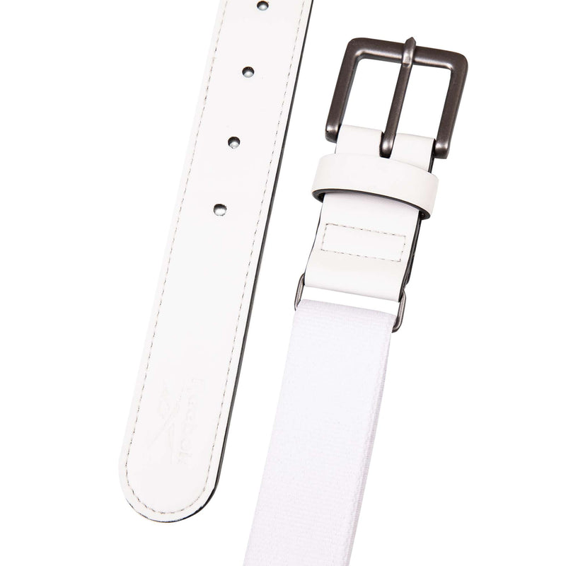 The Reebok Youth Baseball Belt is a white stretch elastic belt with a silver rectangular buckle, multiple adjustment holes, and visible stitching near the buckle. The adjustable belt is shown laid flat against a white background.