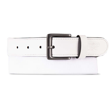 The Reebok Youth Baseball Belt features a white design with black rectangular metal buckle and detailed stitching; this adjustable belt offers young players both style and comfort.