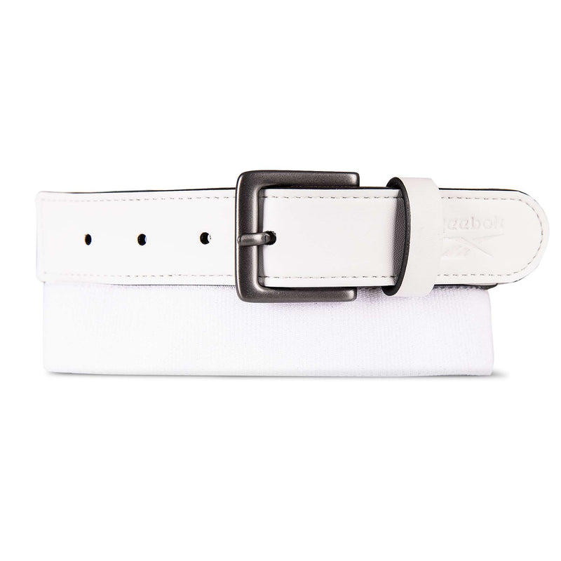 The Reebok Youth Baseball Belt features a white design with black rectangular metal buckle and detailed stitching; this adjustable belt offers young players both style and comfort.