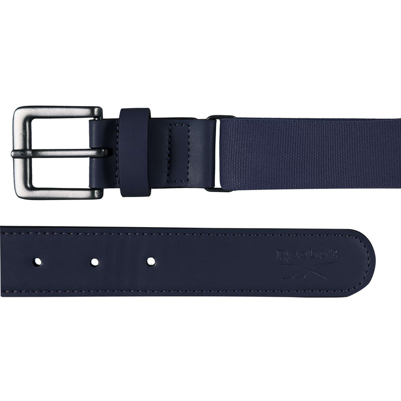 The Reebok Youth Baseball Belt is a navy blue adjustable belt with a matte black metal buckle, multiple adjustment holes, and an embossed logo near the tip—perfect for game day comfort and style.