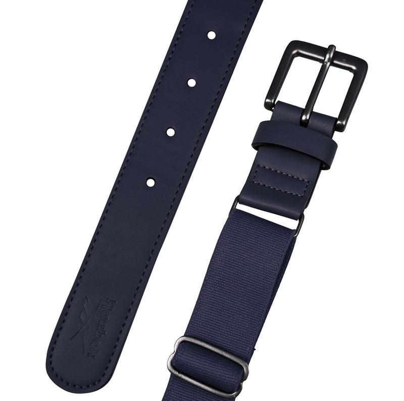 The Reebok Youth Baseball Belt features a navy blue stretch elastic blend of leather and fabric, a matte black buckle with multiple adjustment holes, and subtle stitching for comfort and durability.