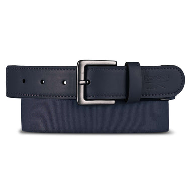 The Reebok Youth Baseball Belt is a navy blue leather stretch elastic belt with a dark metal buckle, shown rolled up and featuring the Reebok brand name embossed on the strap's end.