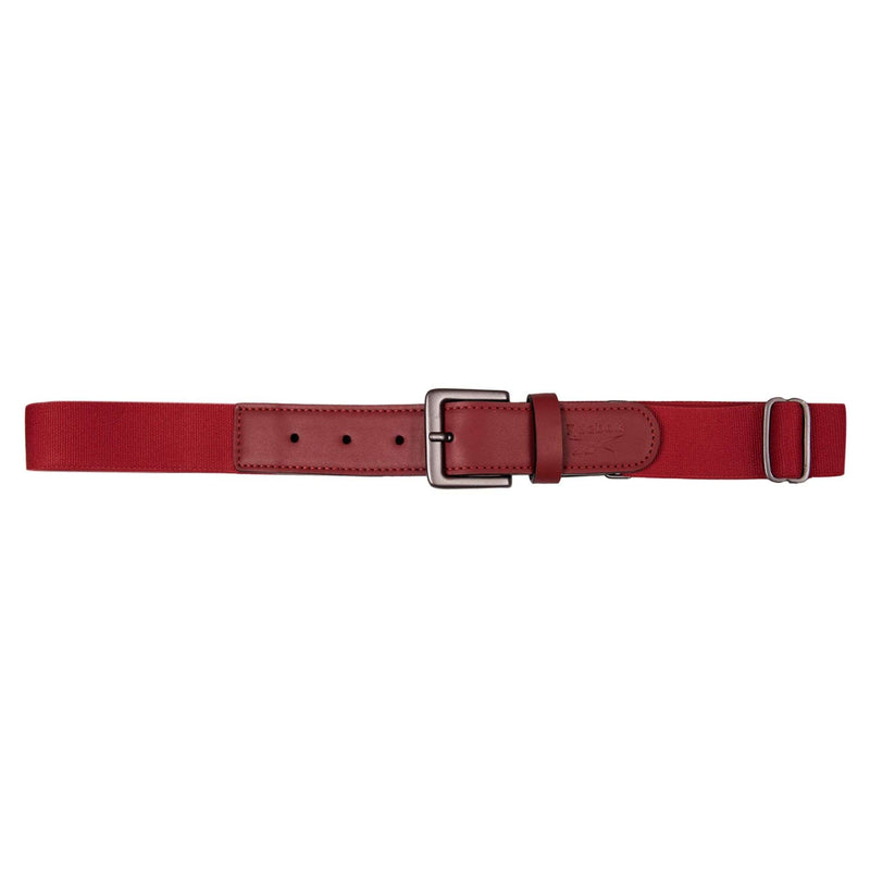The Reebok Youth Baseball Belt is a red stretch elastic belt with a rectangular metal buckle and matching red leather accents, displayed on a white background.
