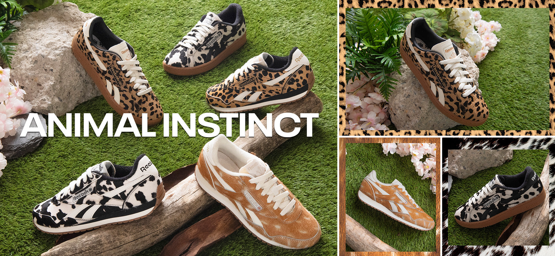 Collage of animal print sneakers with 'Animal Instinct' text on a green background.