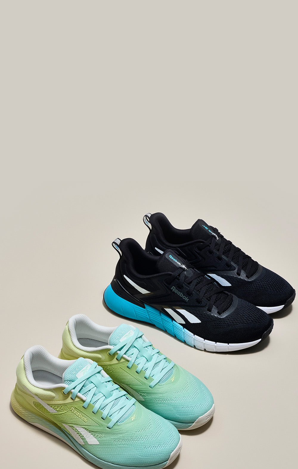Colorful sneakers arranged on a light background
