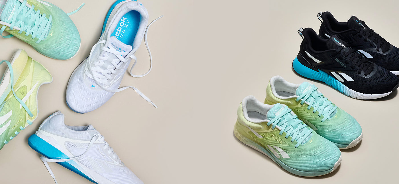 Colorful sneakers arranged on a light background