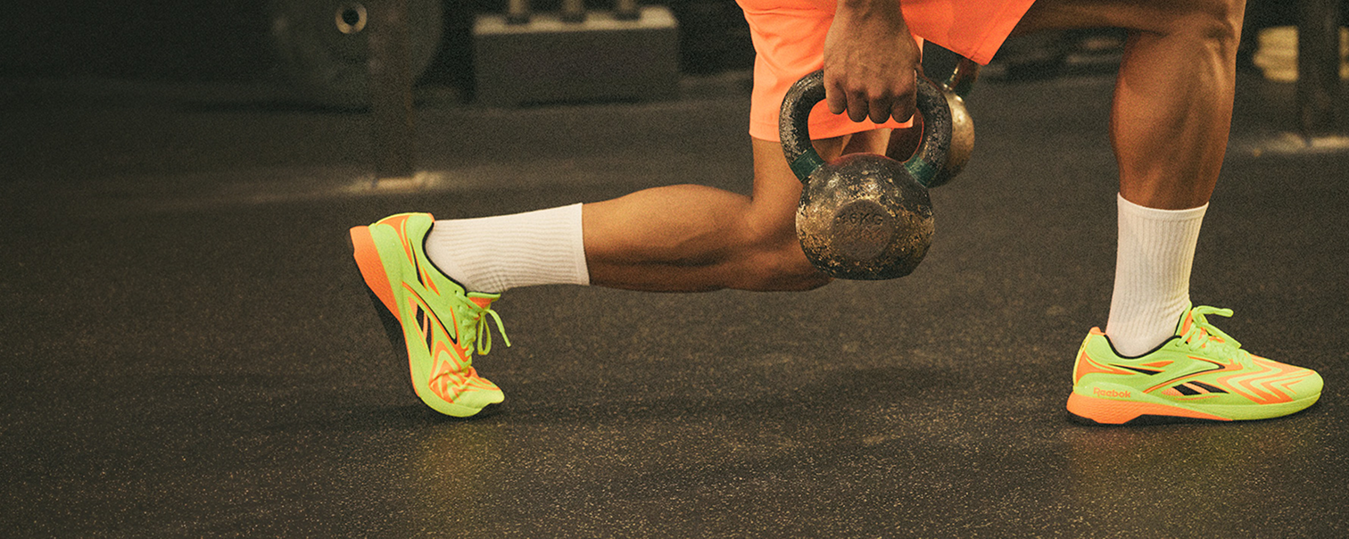 Man in Nano training shoes with kettlebell training