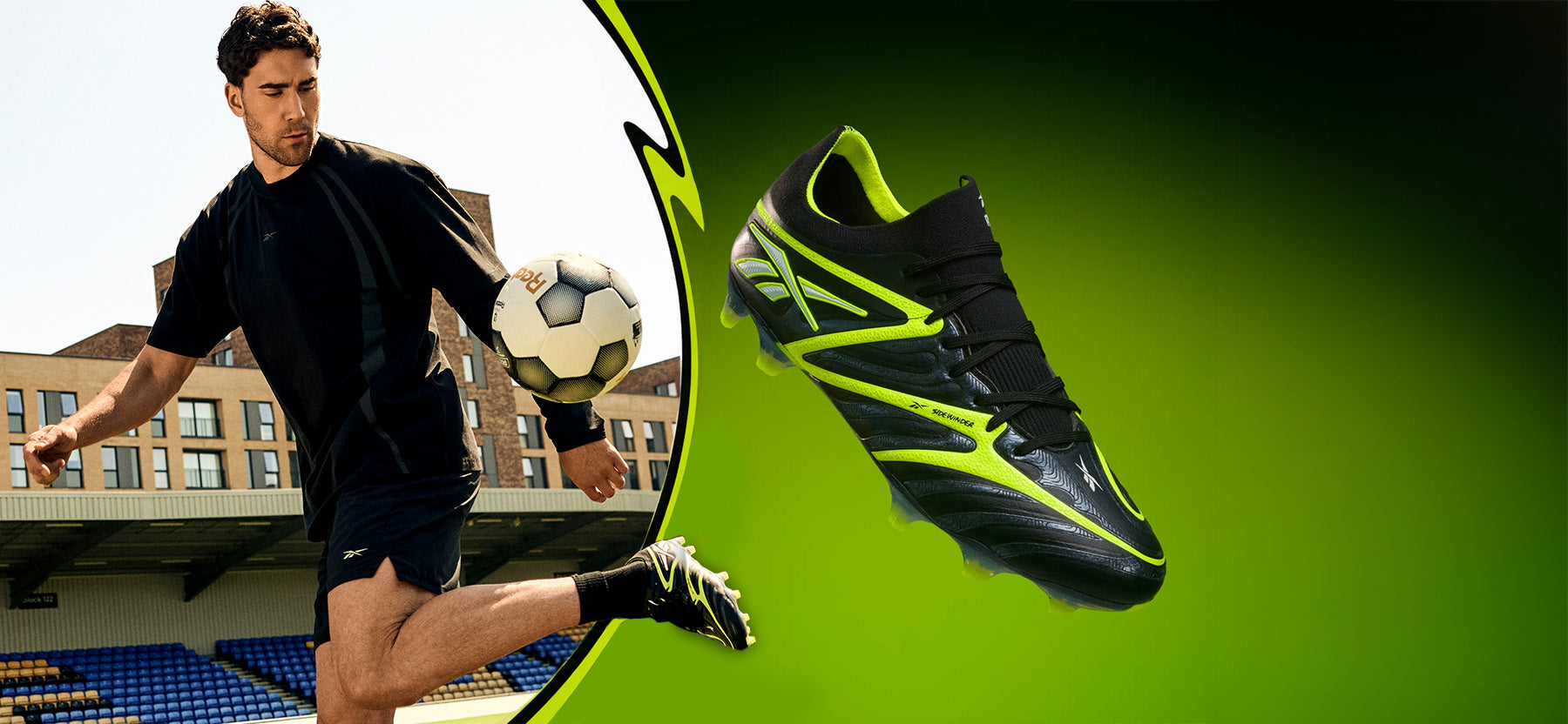 A soccer player in a black uniform kicks a soccer ball on a grass field, with a large green graphic overlay and a circular inset showing a black soccer cleat with neon green accents.