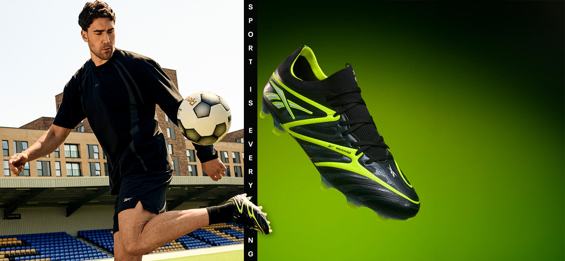 A soccer player in a black uniform kicks a soccer ball on a grass field, with a large green graphic overlay and a circular inset showing a black soccer cleat with neon green accents.
