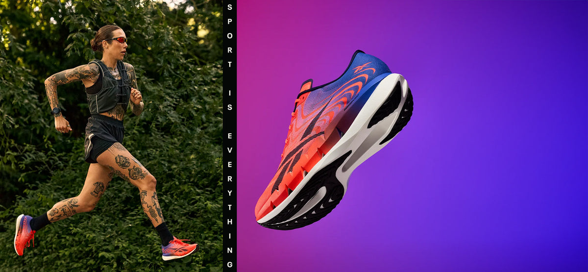 A split promotional image featuring a runner outdoors on the left and a single athletic shoe floating on a purple-to-pink gradient background on the right. The shoe has a blue upper with red and orange flame-like patterning and a white and black sole.