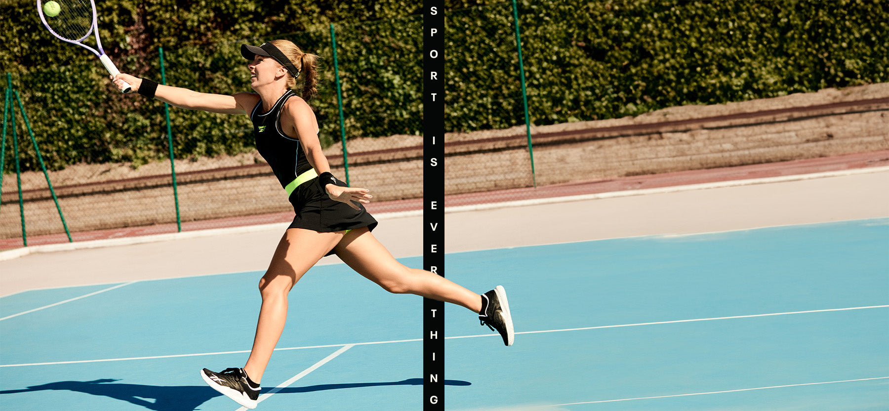 woman in black tennis dress with racket playing tennis on a court