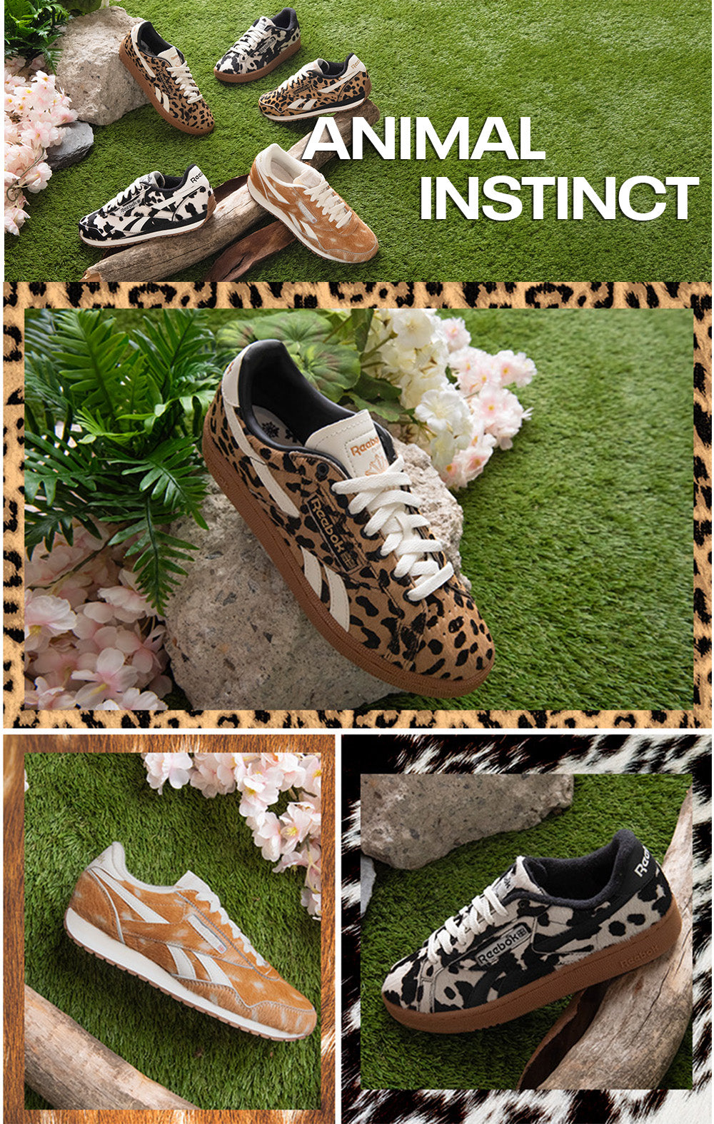 Collage of animal print sneakers on a grassy background with 'Animal Instinct' text.