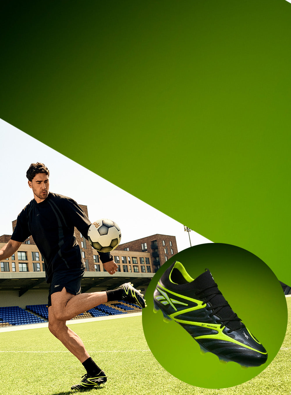 A soccer player in a black uniform kicks a soccer ball on a grass field, with a large green graphic overlay and a circular inset showing a black soccer cleat with neon green accents.