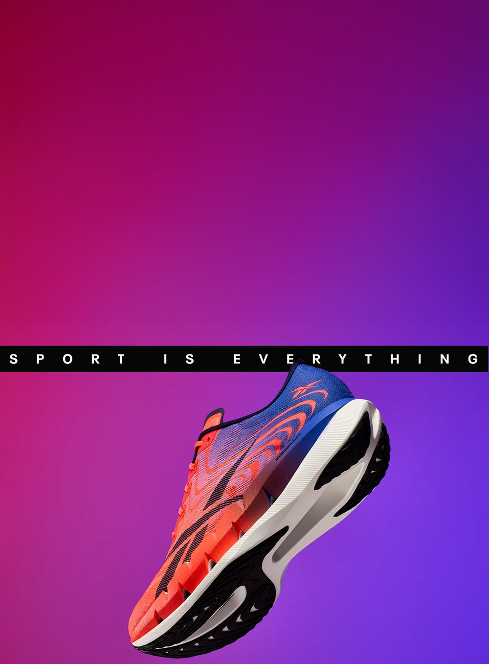 A single athletic running shoe floating against a pink-to-purple gradient background, with a black horizontal banner across the center reading 'SPORT IS EVERYTHING'. The shoe has a bright coral-orange and blue upper with black and white midsole details.