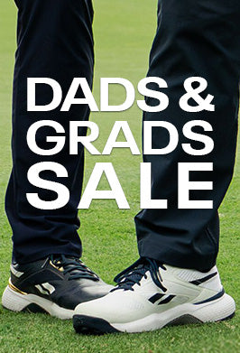 Promotional graphic with 'Dads & Grads Sale' text over a pair of legs wearing pants and shoes on a grass background.
