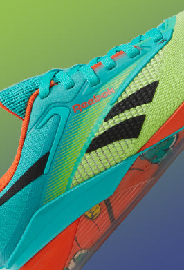 Colorful running shoe with brand logo on a gradient background