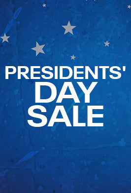 Blue background with scattered white stars and large white text in the center that reads, PRESIDENTS DAY SALE.