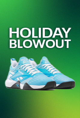 Blue athletic shoes on a green background with 'Holiday Blowout' text