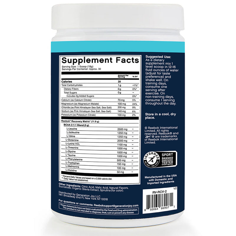 Back view of Reebok ReeCover BCAA + EAA + Electrolytes supplement shows Supplement Facts, ingredients, usage directions, nutrition info, manufacturer contacts, and highlights Essential Amino Acids and BCAA for muscle recovery support.