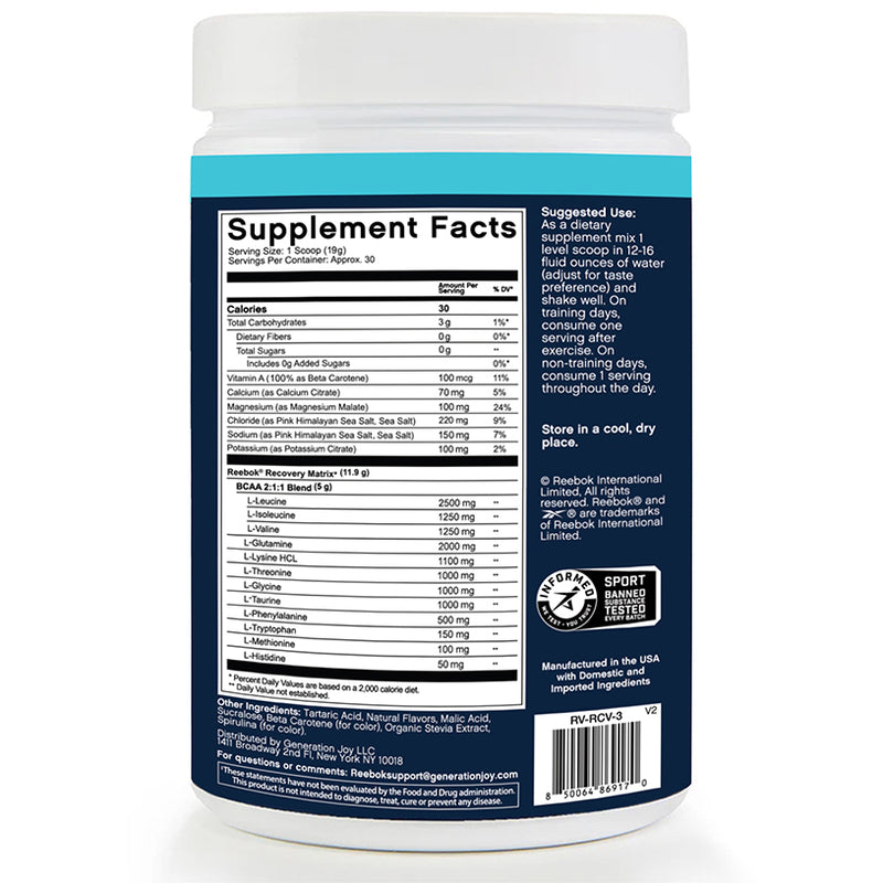 A white and blue Reebok ReeCover BCAA + EAA + Electrolytes container features a Supplement Facts label with Essential Amino Acids, BCAAs for recovery, ingredients, serving size, suggested use, and Informed Sport and Informed Choice certifications.