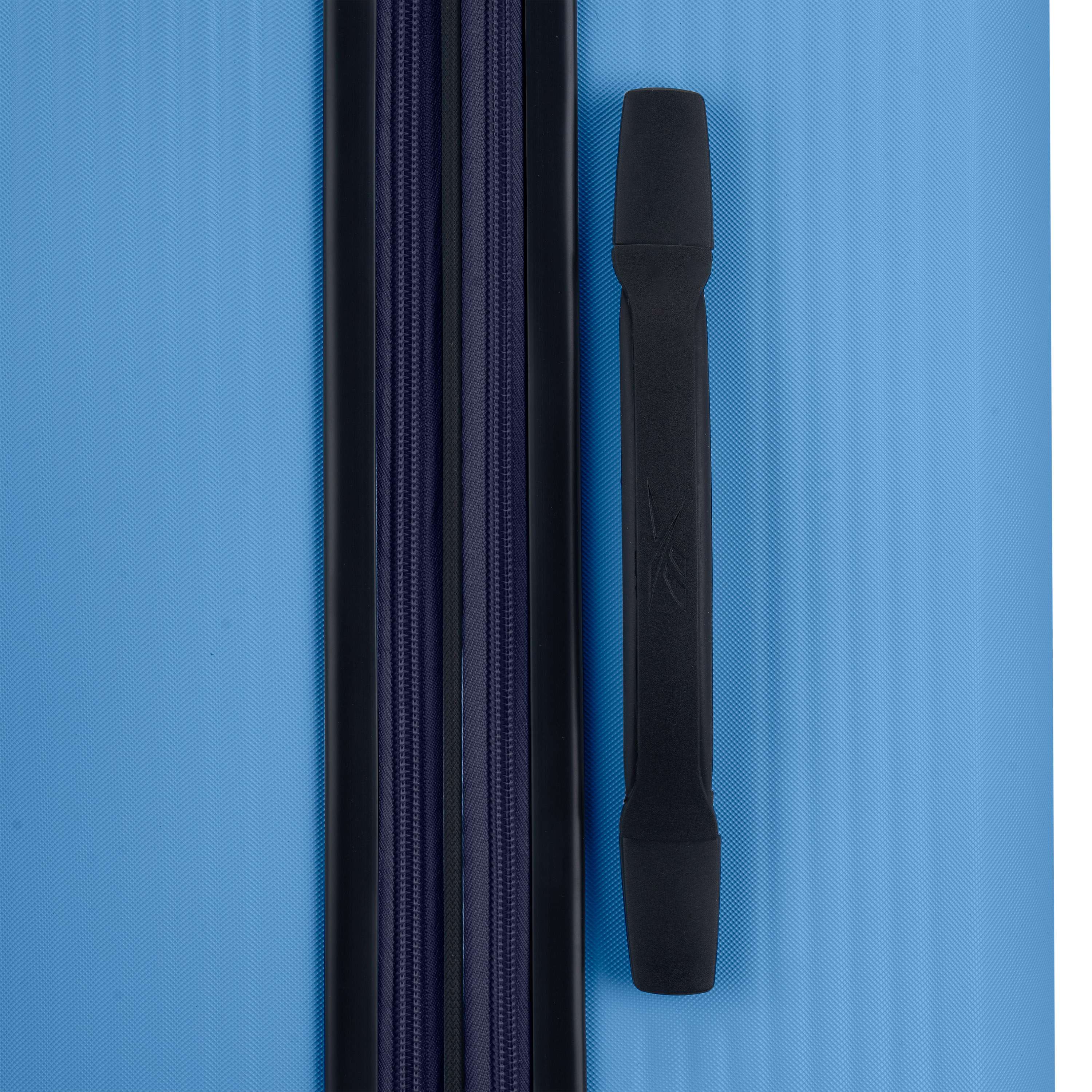 Close-up of the Reebok Action Duo 2 Piece Luggage Set in blue, showing a black vertical zipper and a black horizontal handle on the right side.