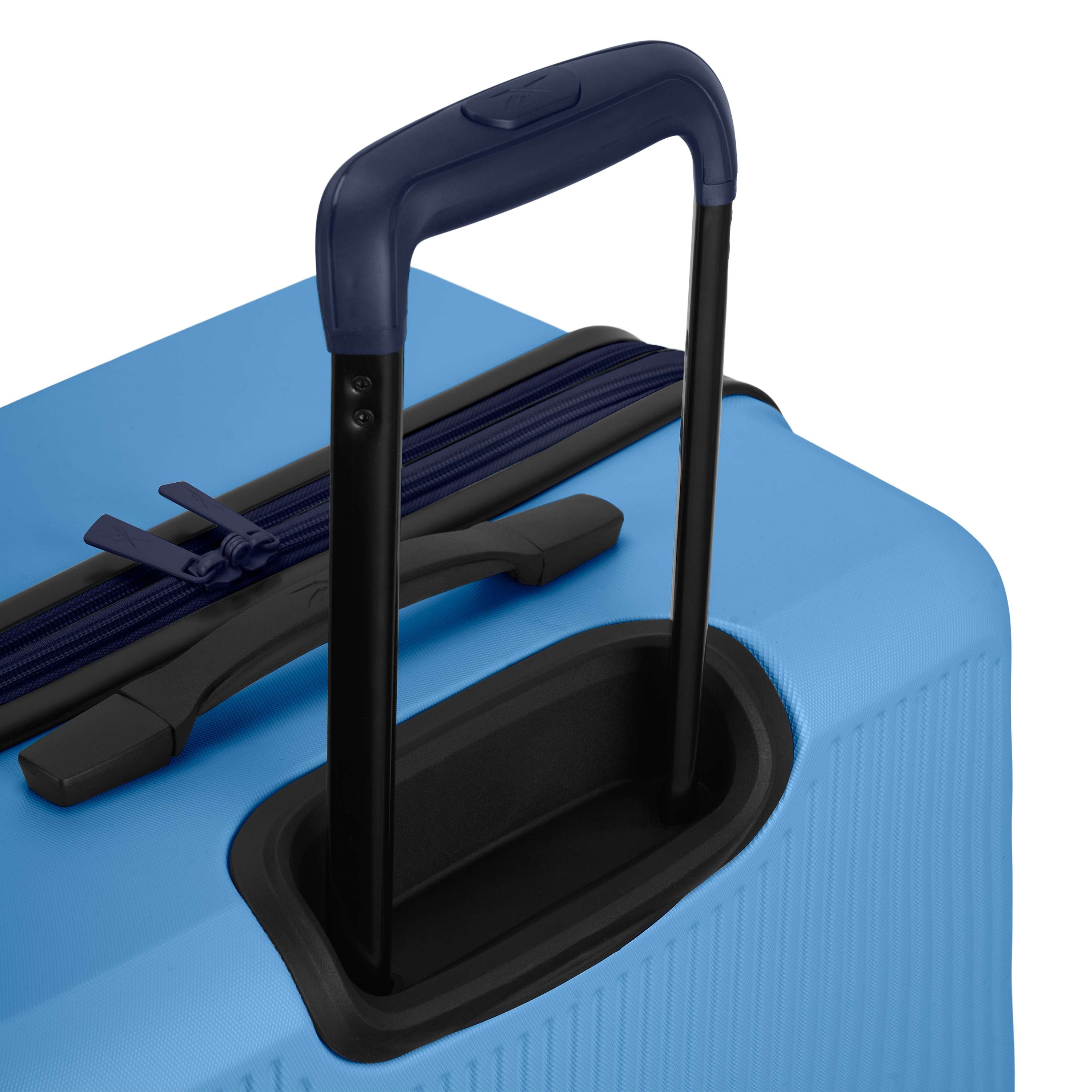 Close-up of the black handle on the Reebok Action Duo 2 Piece Luggage Set, featuring a blue hard-shell design with zipper—ideal for travelers who want lightweight luggage.