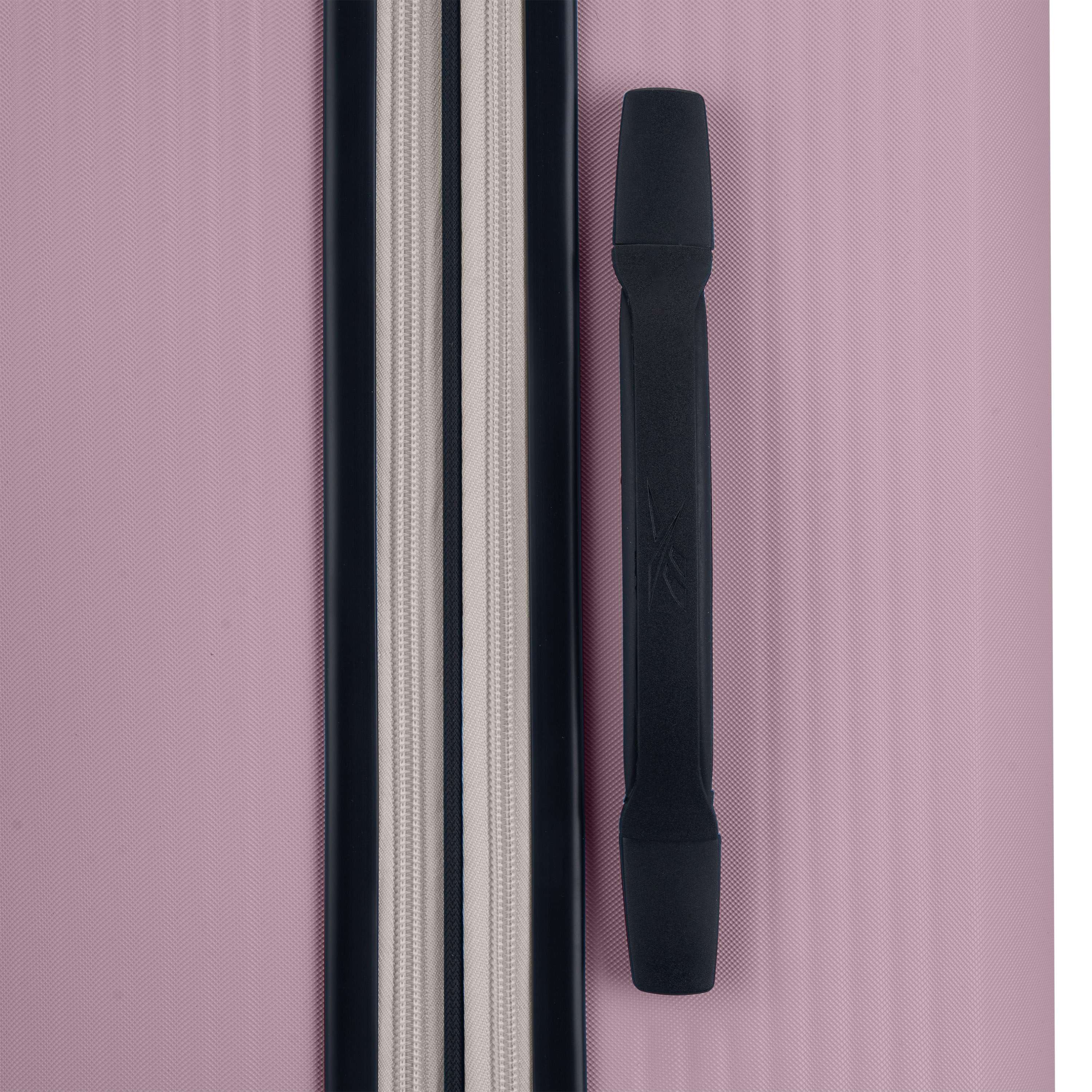 Close-up of the Reebok Action Duo 2 Piece Luggage Set in pink, featuring a textured finish, black handle, zippered compartment with black and white trim, and smooth spinner wheels for easy travel.