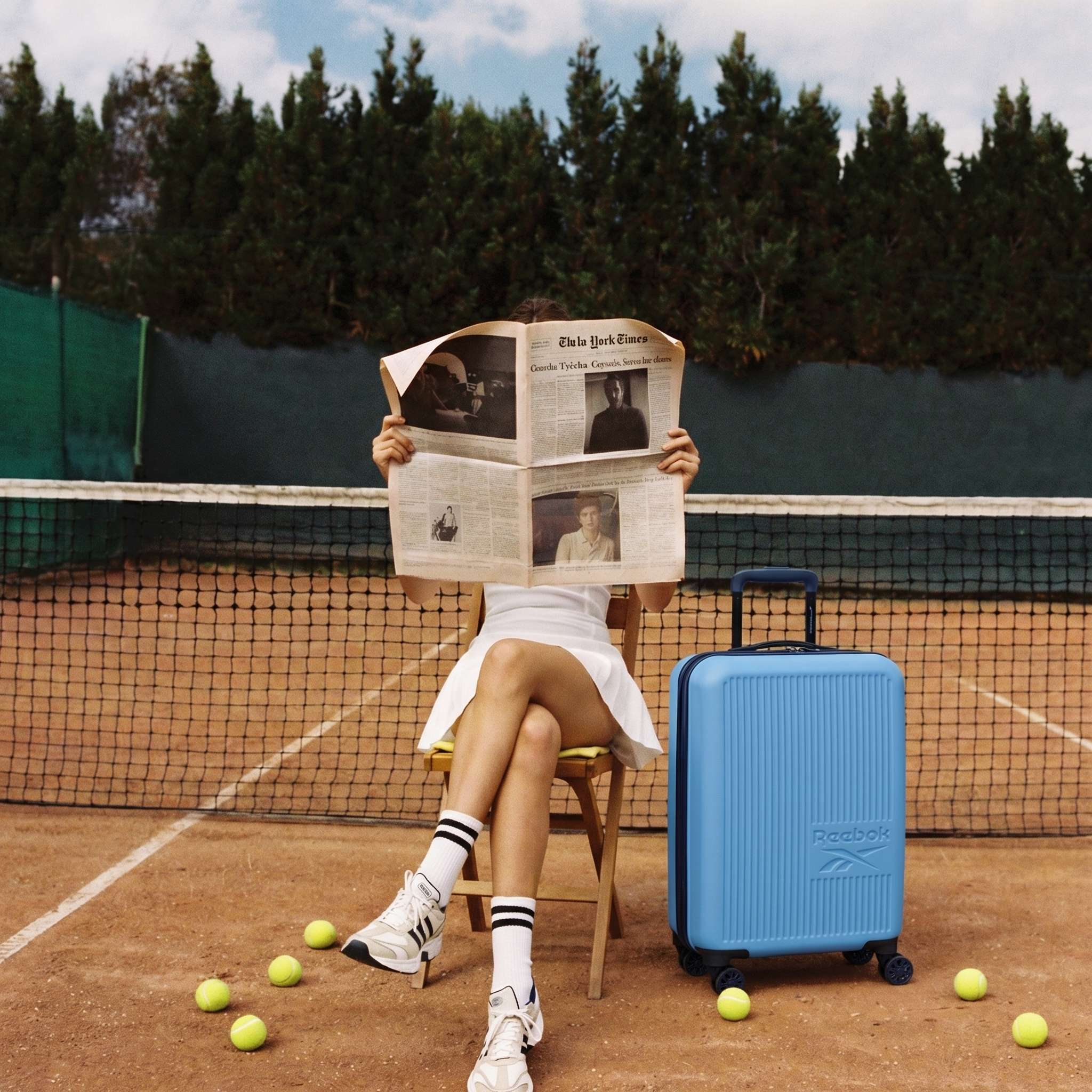 A person in tennis attire sits on a chair on a tennis court, reading a newspaper. Nearby lies the Reebok Action Duo 2 Piece Luggage Set, with scattered tennis balls at their feet and trees visible beyond the net.