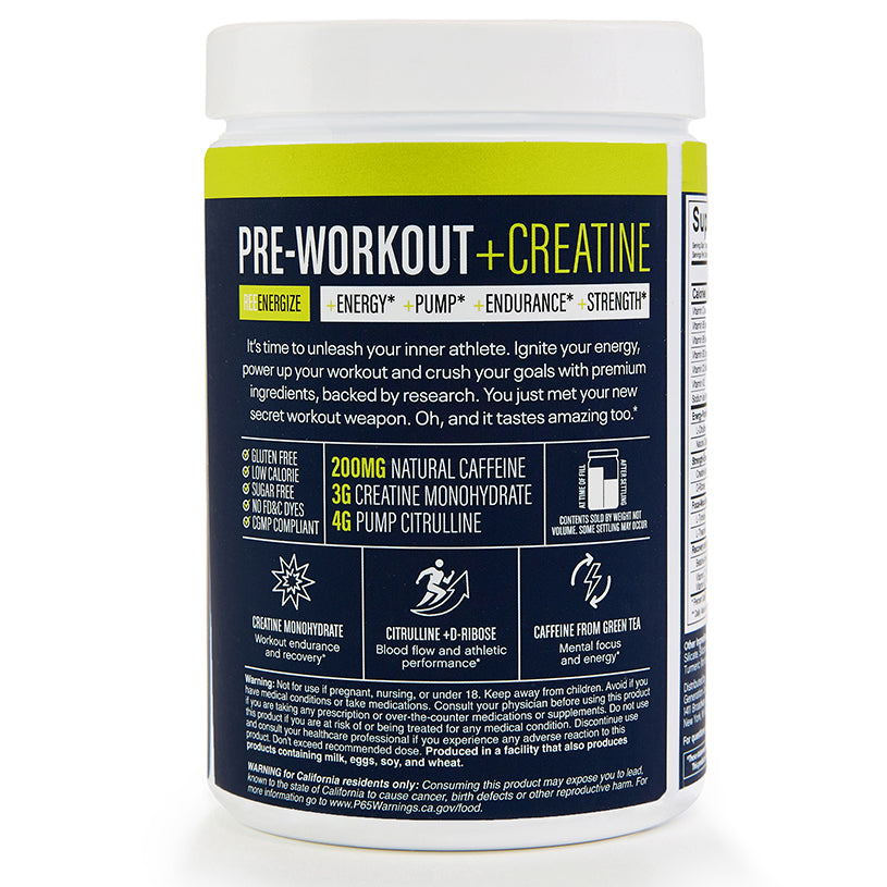 Reebok ReeEnergize Pre-Workout + Creatine features a white lid and label highlighting energy, pump, endurance, and strength benefits with clean caffeine, gluten-free ingredients, and no artificial colors or sweeteners.