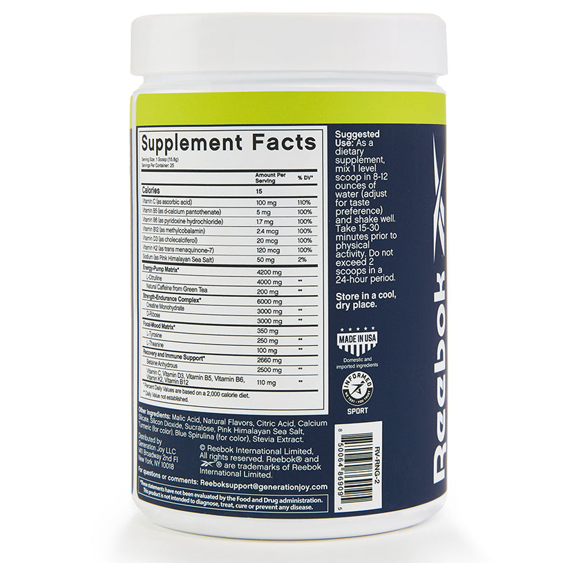 A white container with a blue label showing supplement facts, creatine monohydrate, usage and storage info for Reebok ReeEnergize Pre-Workout + Creatine. It features the Reebok logo and a Made in USA emblem.