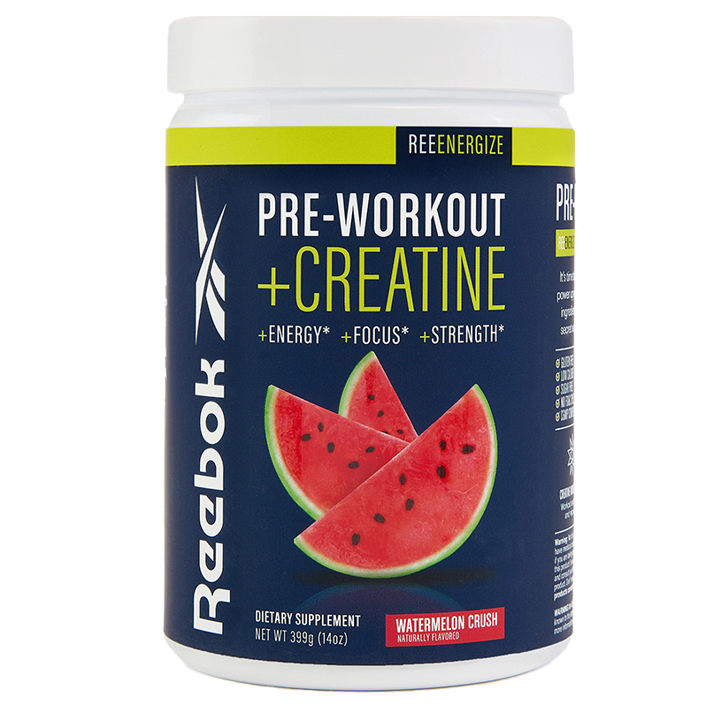 A container of Reebok ReeEnergize Pre-Workout + Creatine in Watermelon Crush flavor, with a label showing watermelon slices and highlighting energy, focus, strength, and workout endurance benefits.