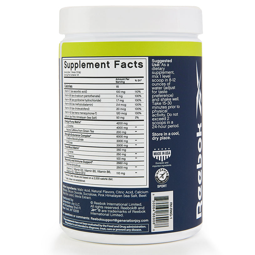 A white container of Reebok ReeEnergize Pre-Workout + Creatine shows the Supplement Facts, usage instructions, ingredients like creatine monohydrate, and manufacturer info on a light green and navy blue back label.